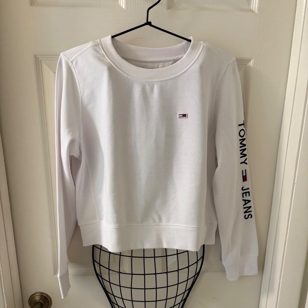 Tommy Jeans Sweatshirt Womens Medium White Crew Neck Sleeve Logo Flag Pullover